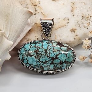 Large Silver 925 Pendant natural Crisocola Stone